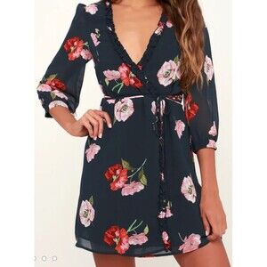 Lulus It's A Pleasure Navy Blue Floral Print Ruffle Wrap Dress Womens Size XS